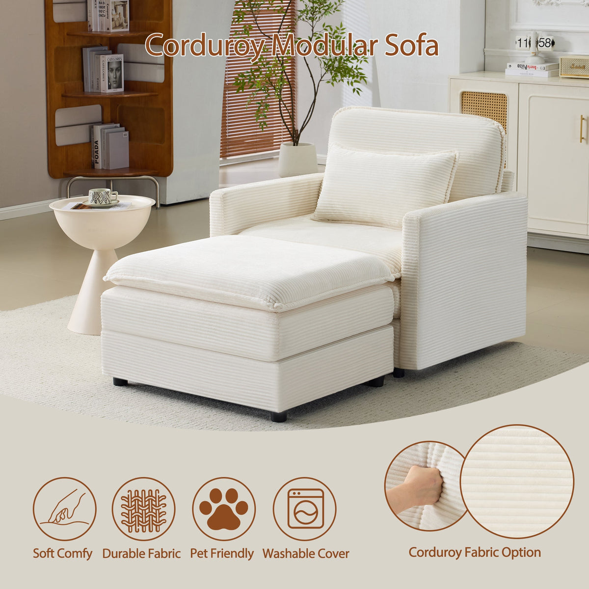 54" Plush Cloud Sofa: Modular Single + Ottoman Sofa with 22"