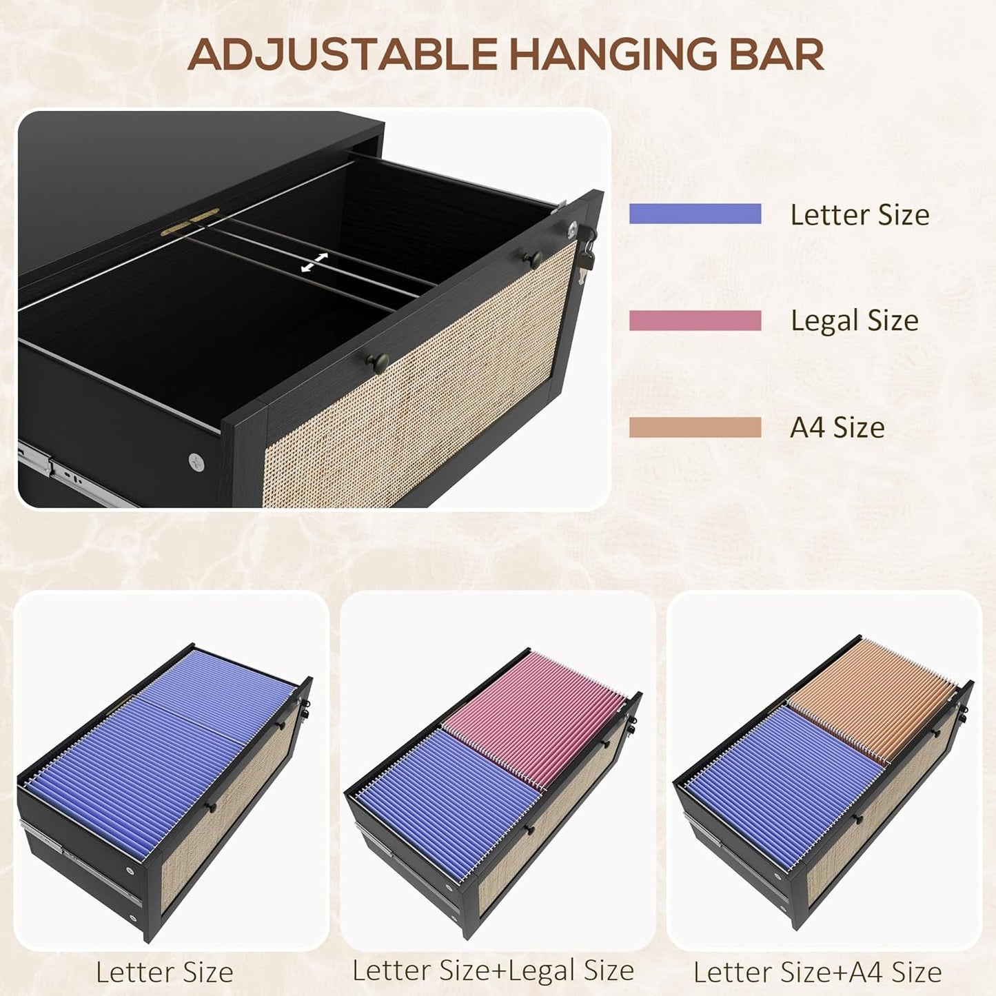 Rattan Drawer File Cabinet With Lock For Letter A4 Legal Files Printer Stand Black