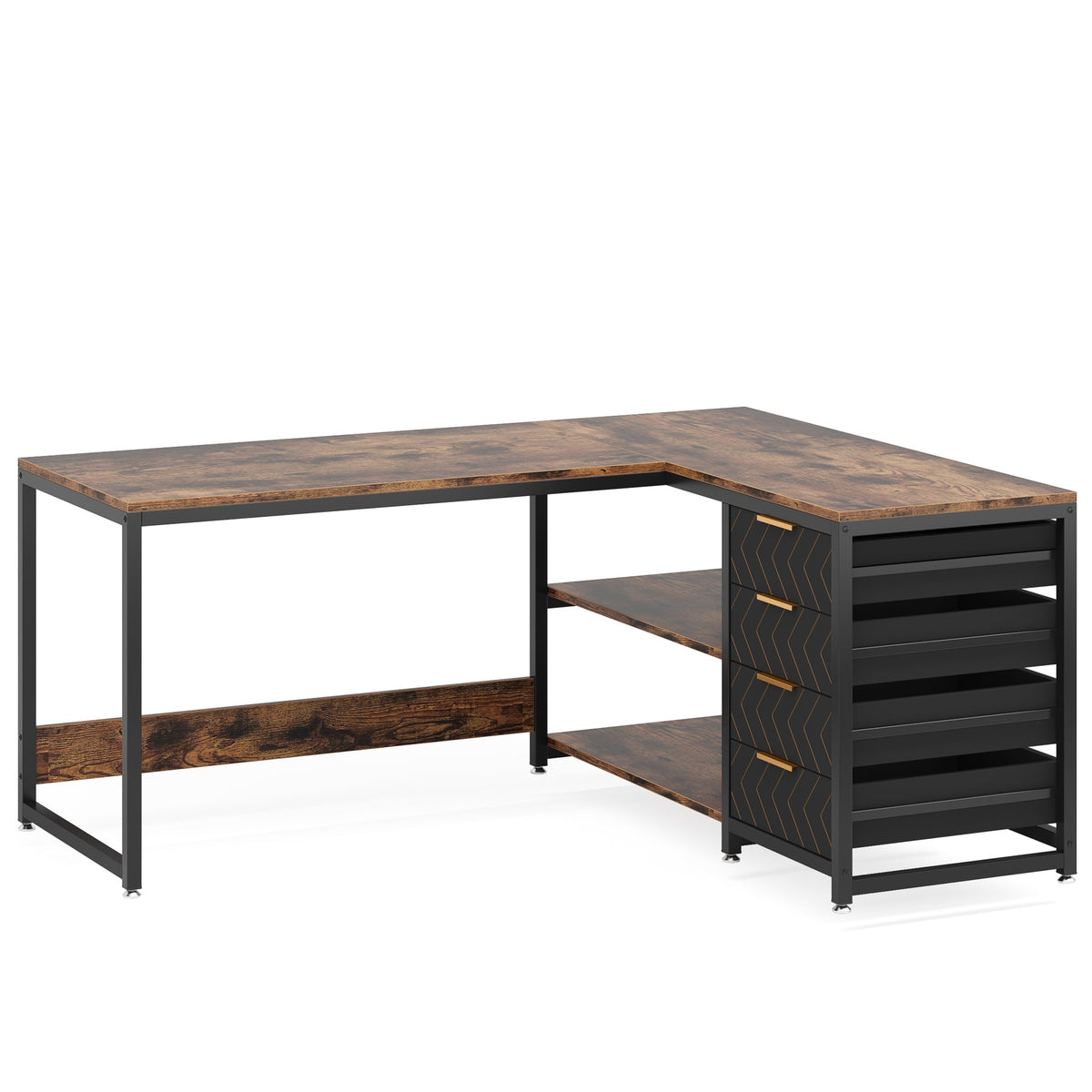 59” L-Shaped Computer Desk with Drawers and Storage Shelves