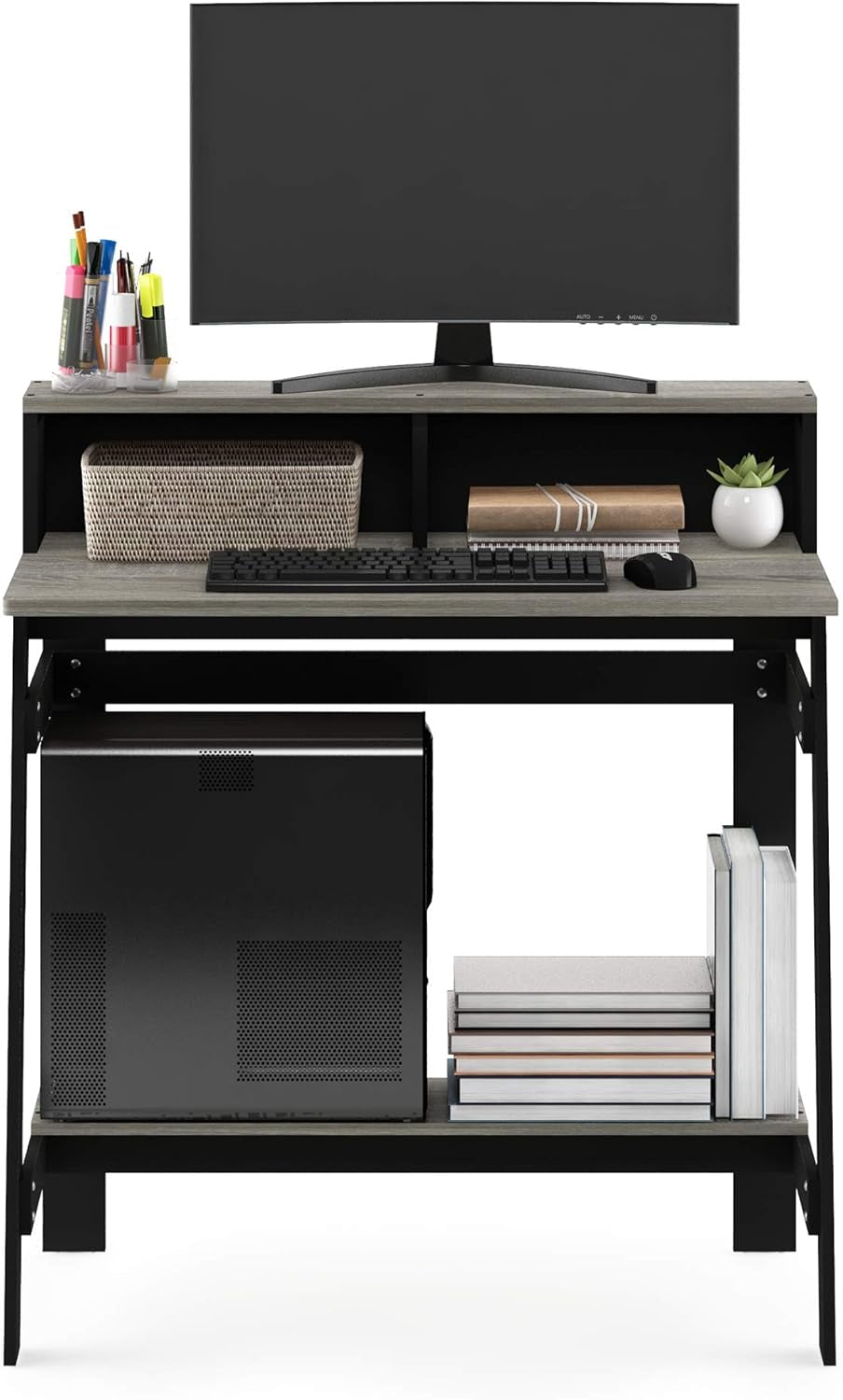 A Frame Computer Desk With Hutch In Black And Oak Grey