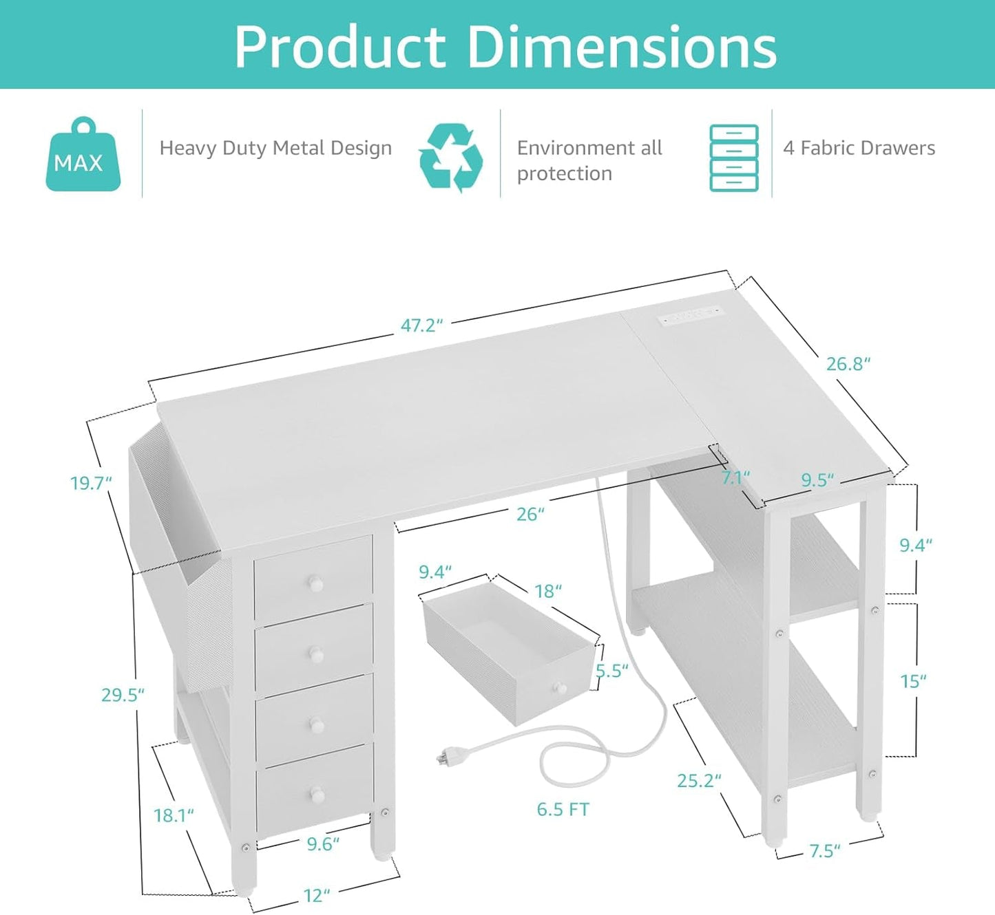 White 47 Inch L Shaped Corner Desk With Reversible Storage