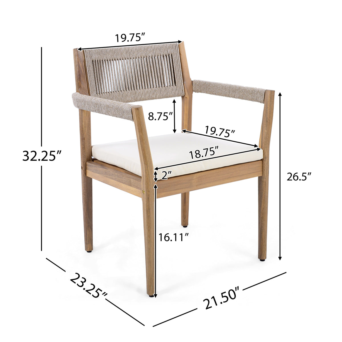 Braided Acacia Wood Outdoor Dining Chairs Set of 2