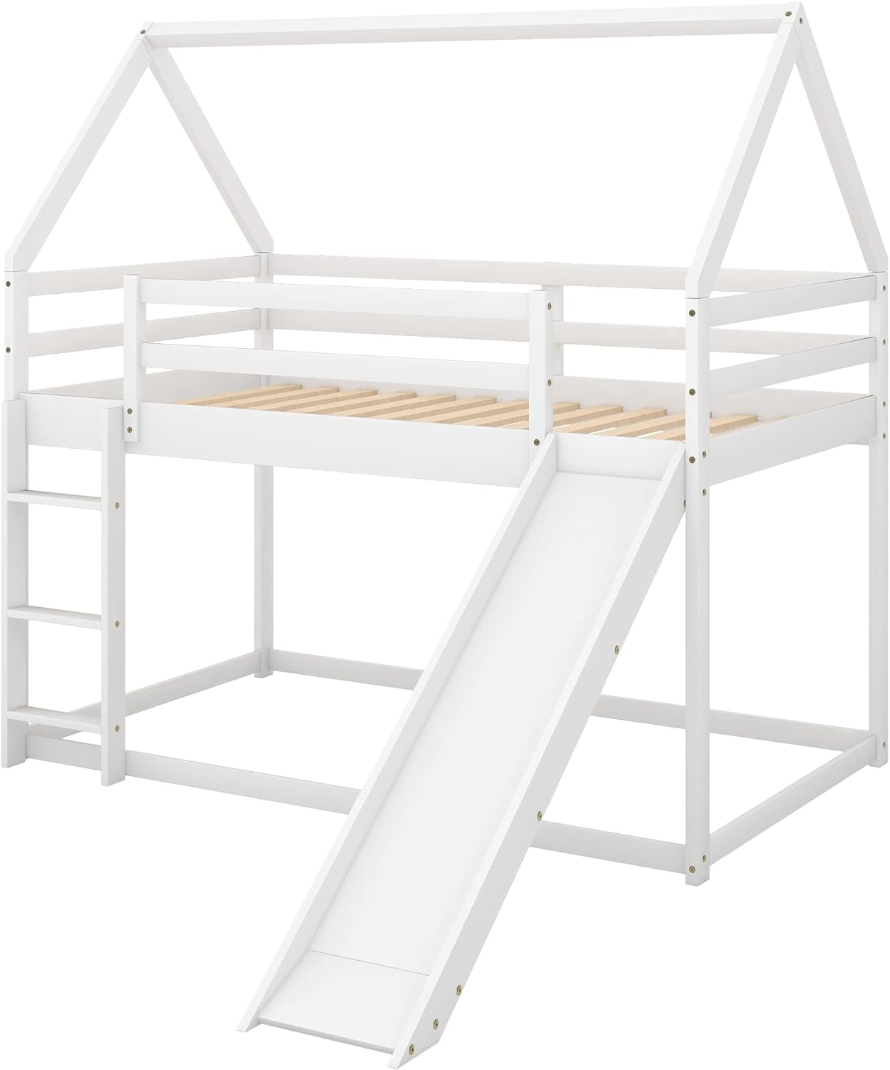 Twin Over Twin House Bunk Bed With Slide Solid Wood