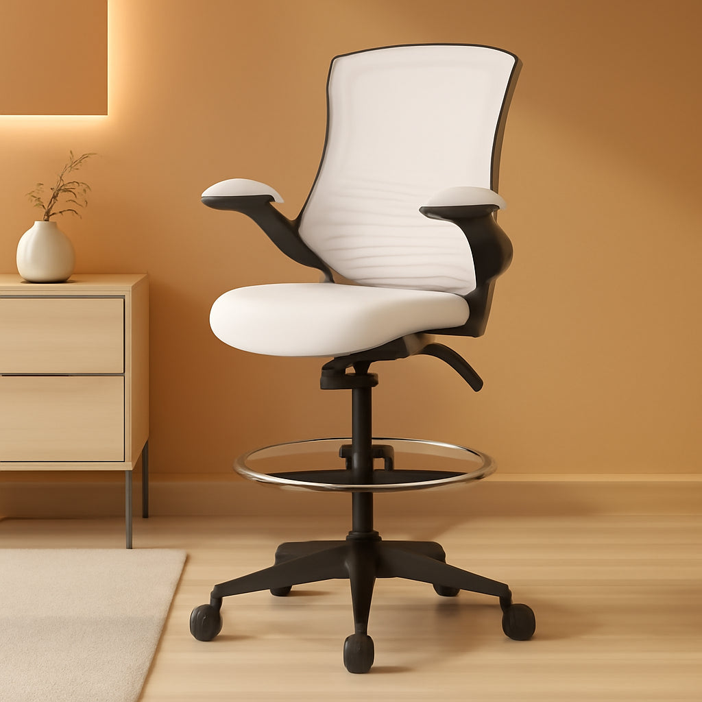 White Mesh Ergonomic Drafting Chair With Flip Up Arms