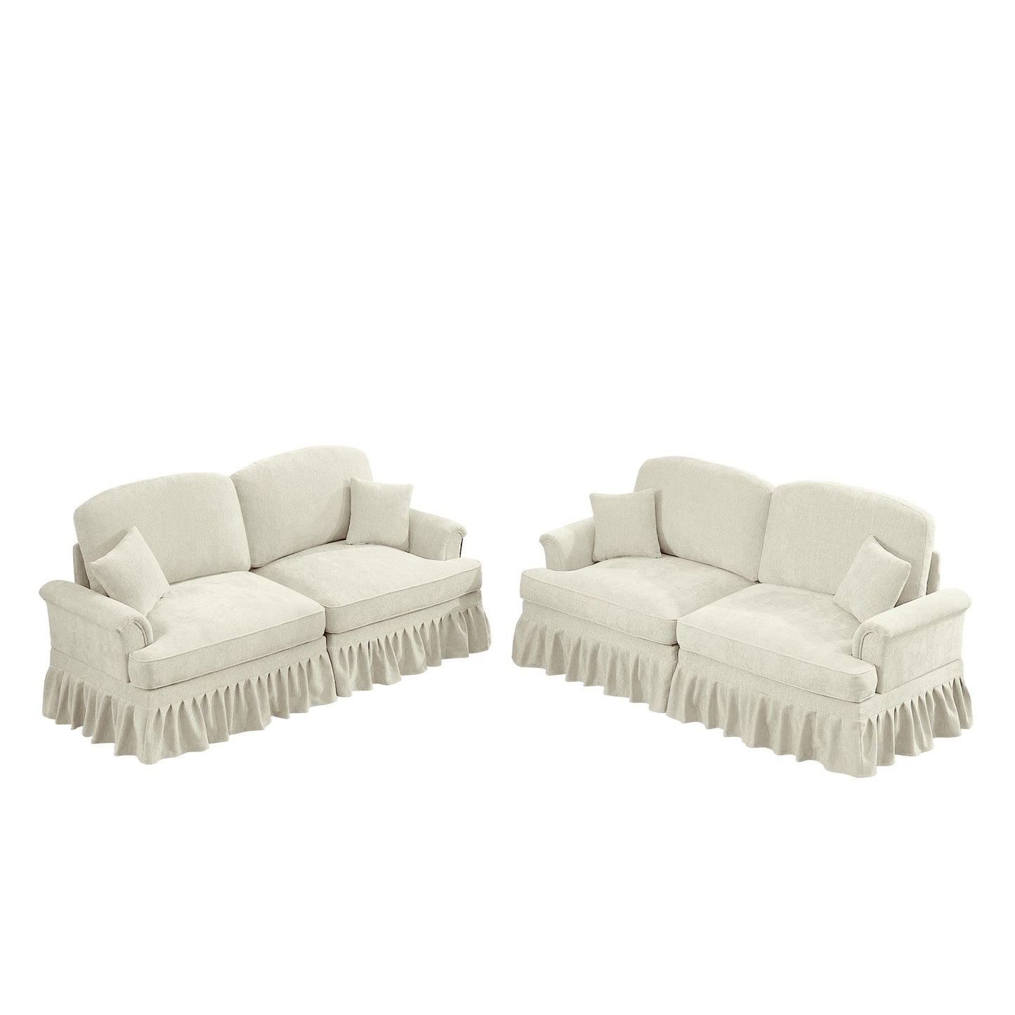 Classic 2 Piece Modular Couch Living Room Sofa Set with Flared Arms and Removable Ruffles Pleats Skirts and Spindle Legs, 2 Seater Sofa + 2-Seat Loveseat Sofa Sets for Living Room, Beige White