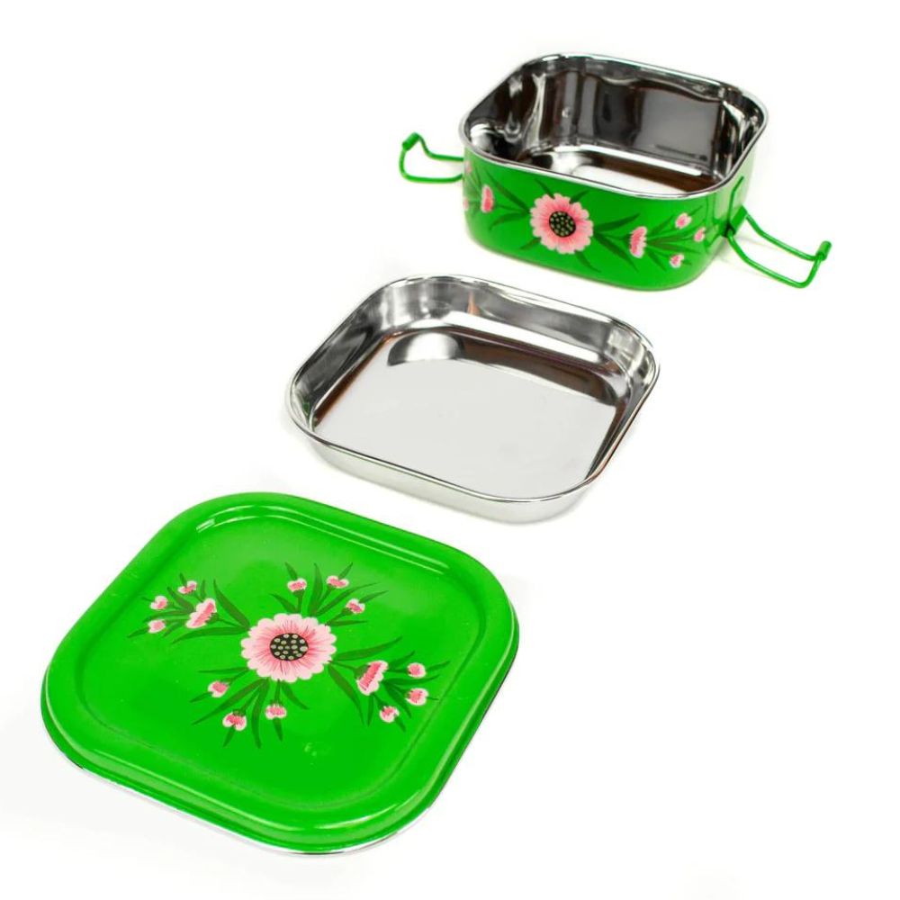Square Steel Tiffin Container - Green Floral 4.5"