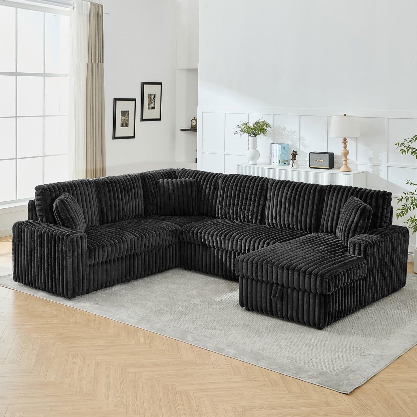 Black 122Inch U Shaped Sleeper Sectional USB Charging Ports