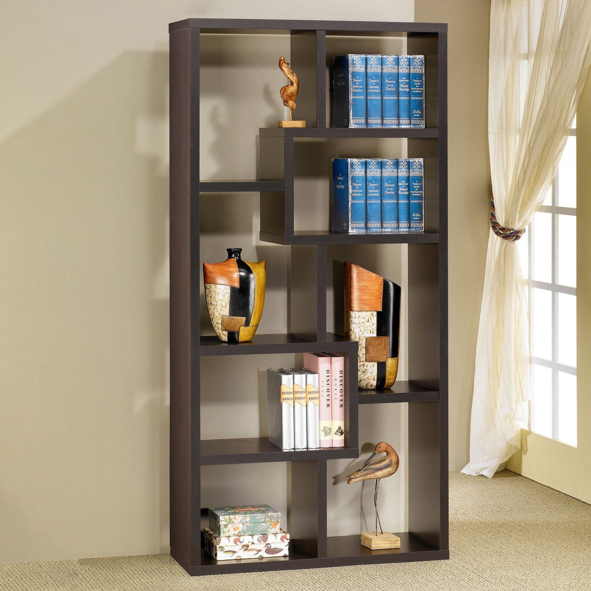 8-Shelf Cappuccino Geometric Bookcase