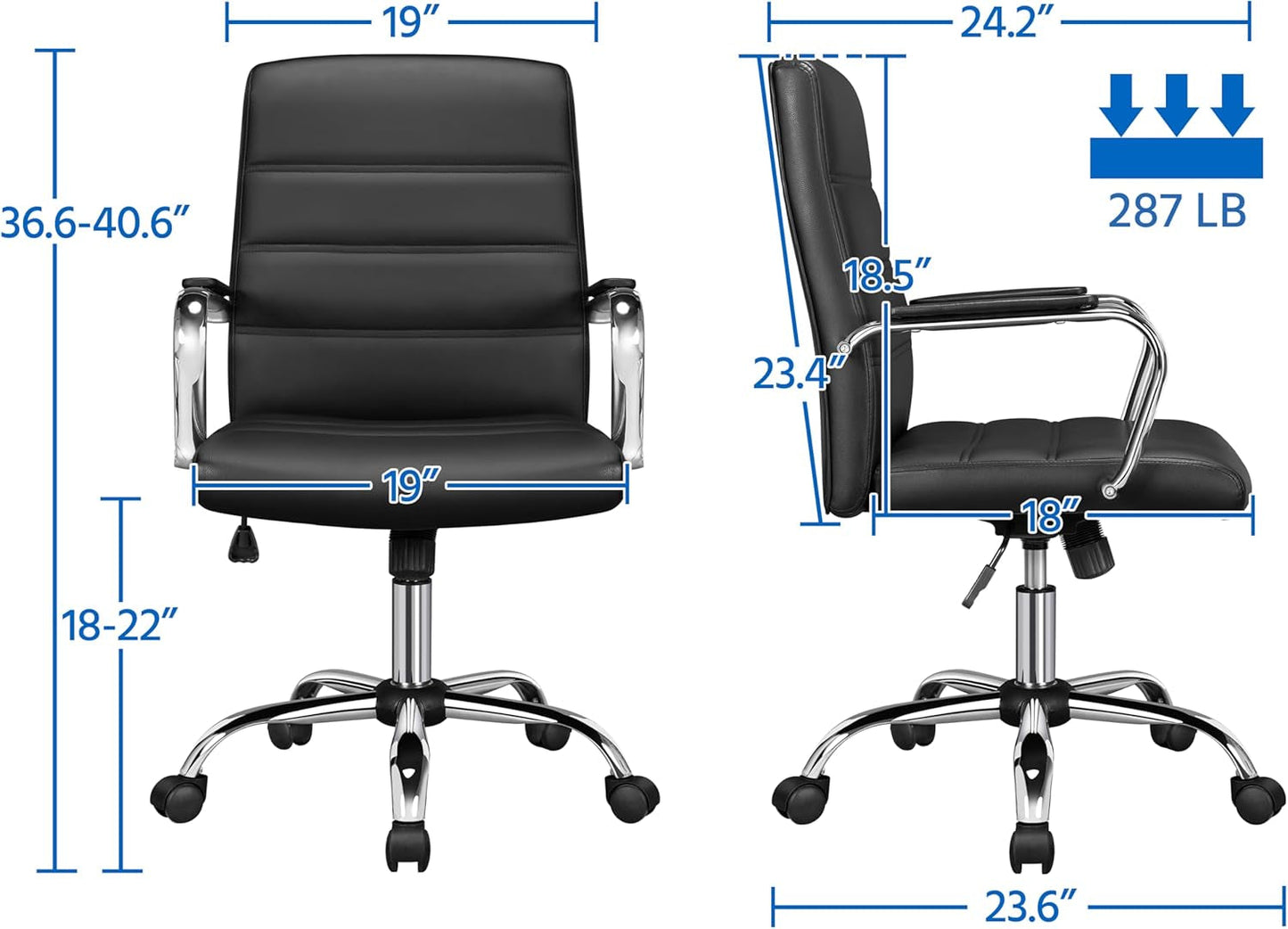 Ergonomic Mid Back Office Chair Black PU Leather With Lumbar Support