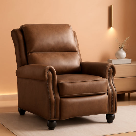 Pushback Recliner Chair Leather Rivet Decoration Chocolate