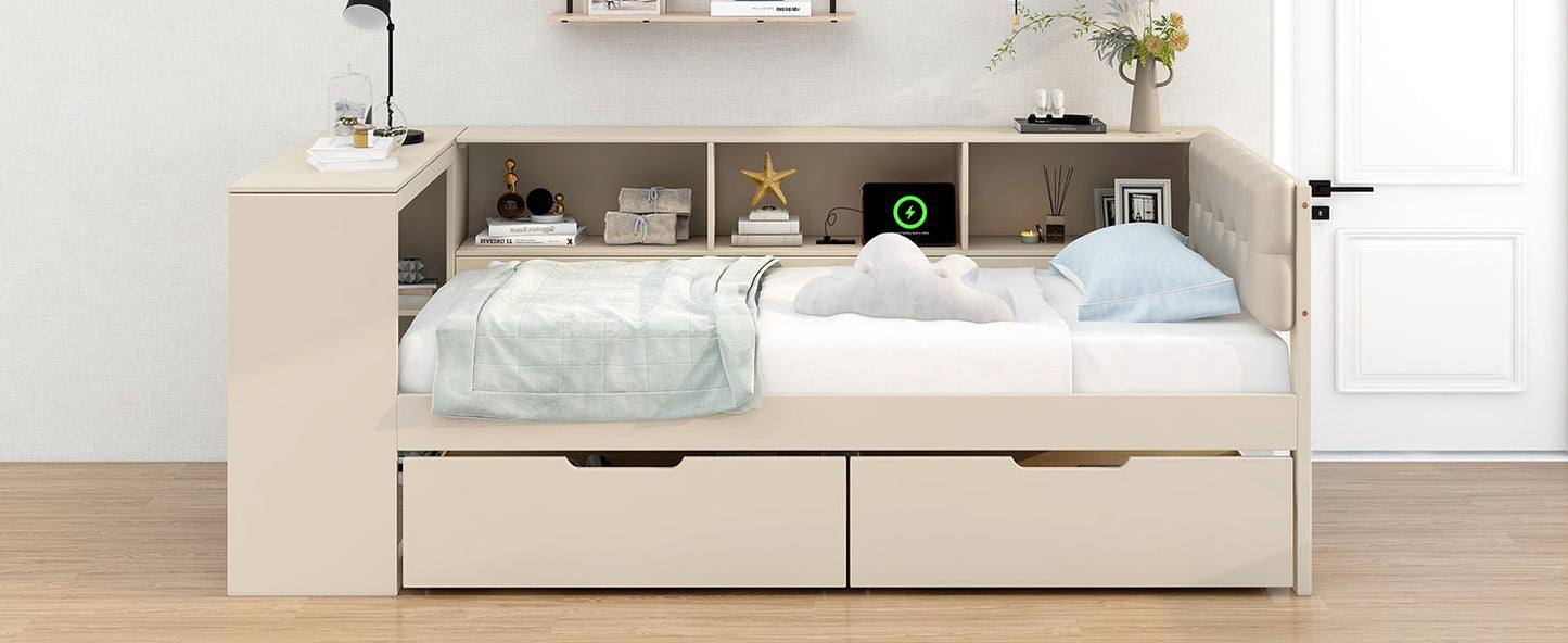 Wood Twin Size Platform Bed with Storage Shelves, Drawers, Charging Station and Upholstered Headboard