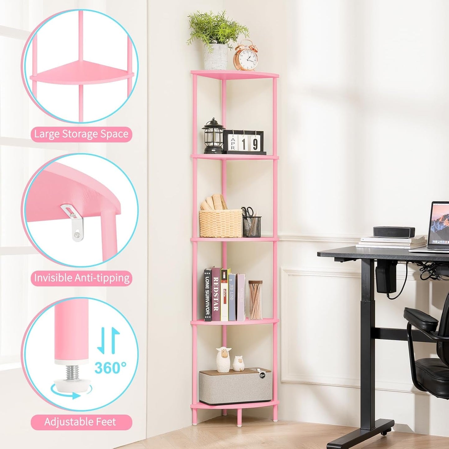 65 Inch Rustic Corner Shelf Stand 5 Tier Display Shelves