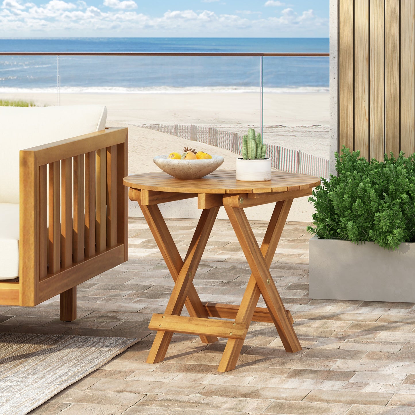 Patio Conversation Set with Foldable Acacia Wood Table and Cushioned Armchairs