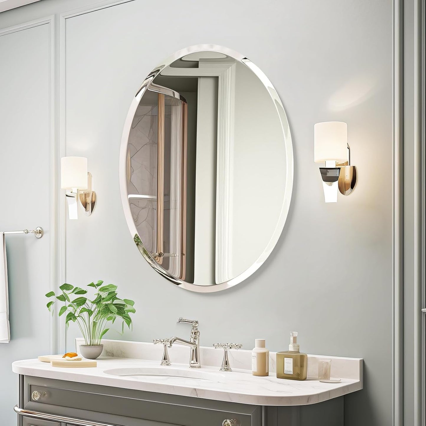 20x28 Inch Oval Frameless Bathroom Mirror Beveled Edge