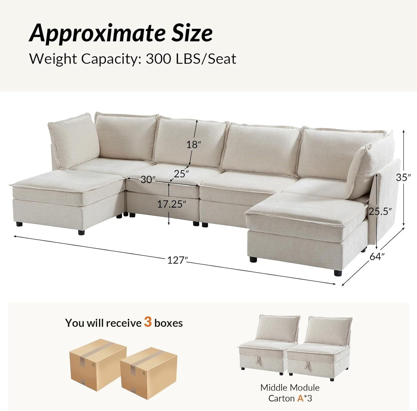127 Inch Modular Sectional Sofa Beige with Storage Ottoman