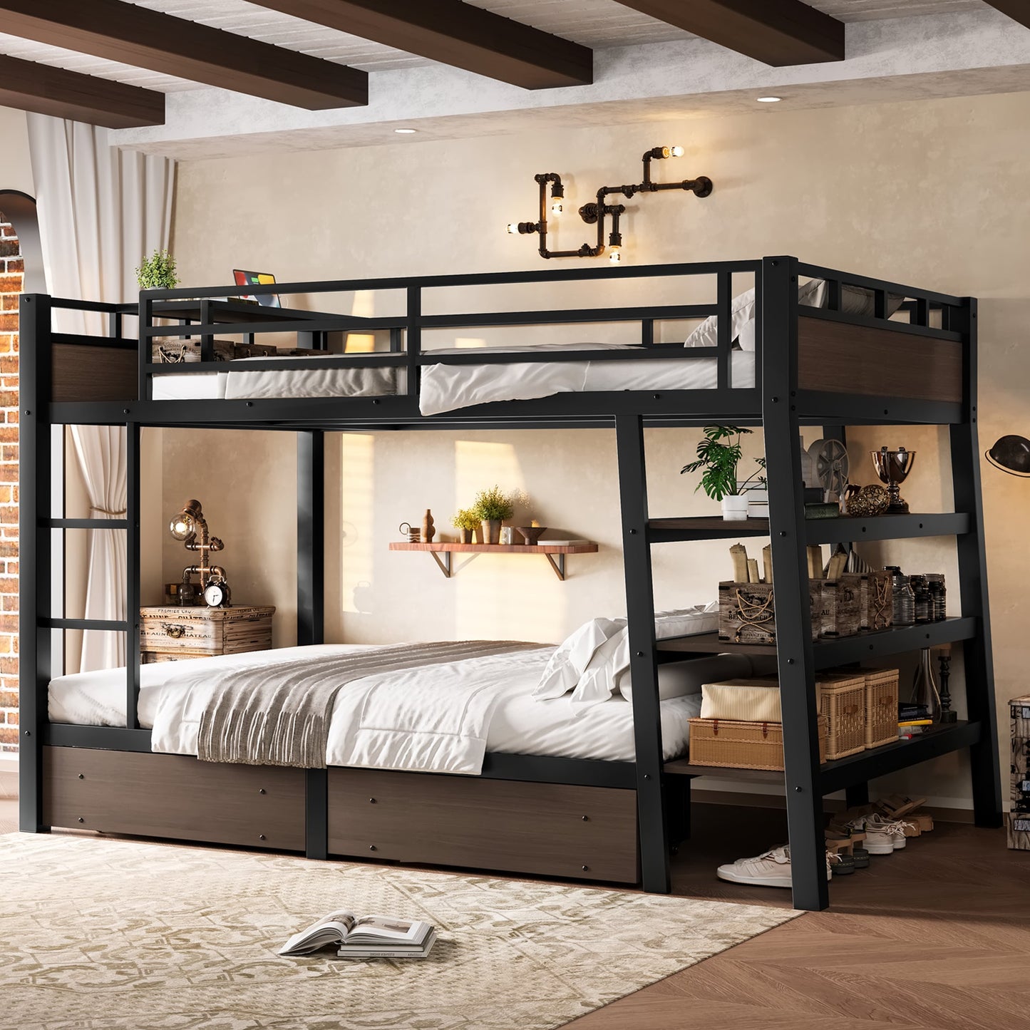 Full Size Metal Bunk Bed with Storage Shelves, LED Light Strip, and USB Power Strip