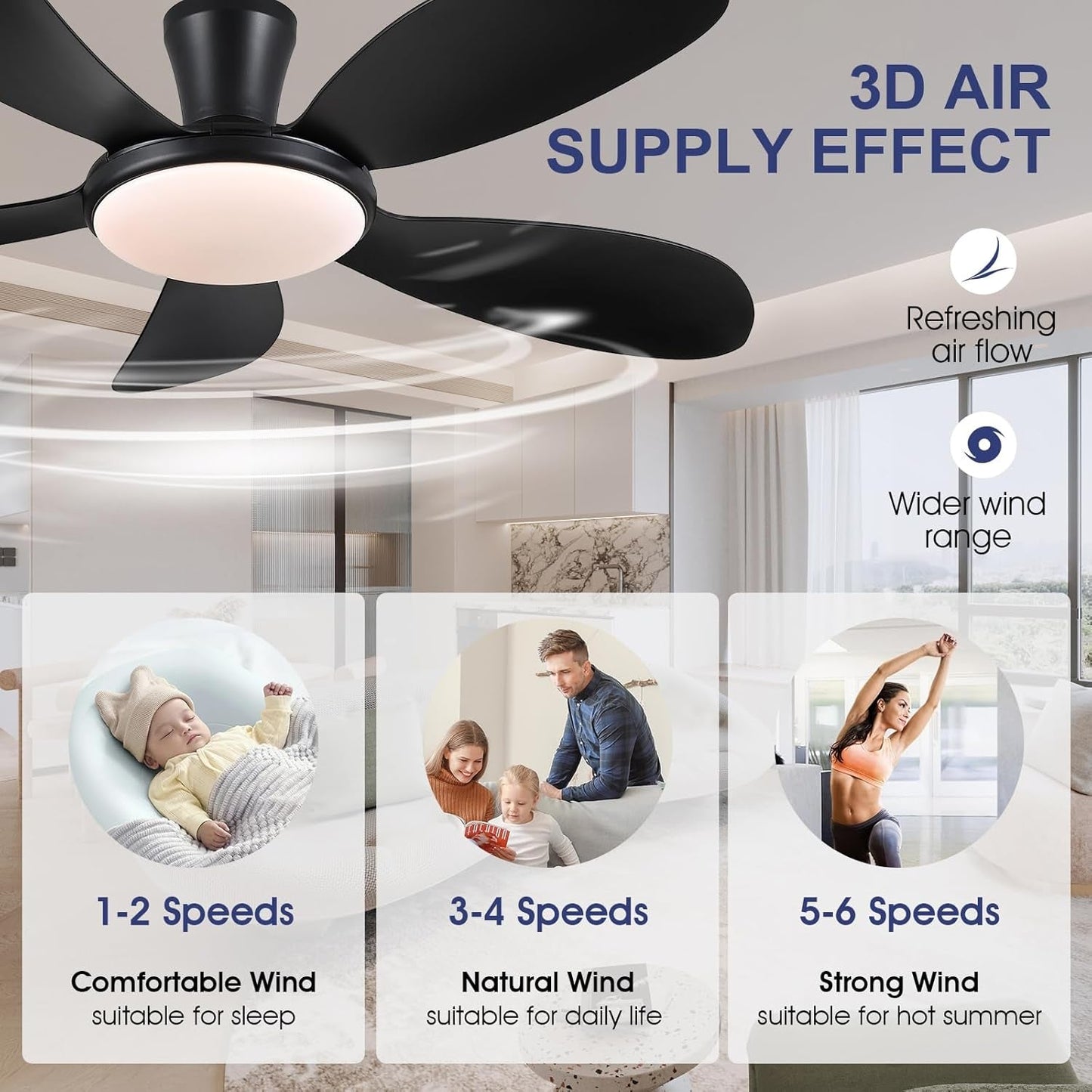 48 Inch Black Ceiling Fan With DC Motor Remote LED