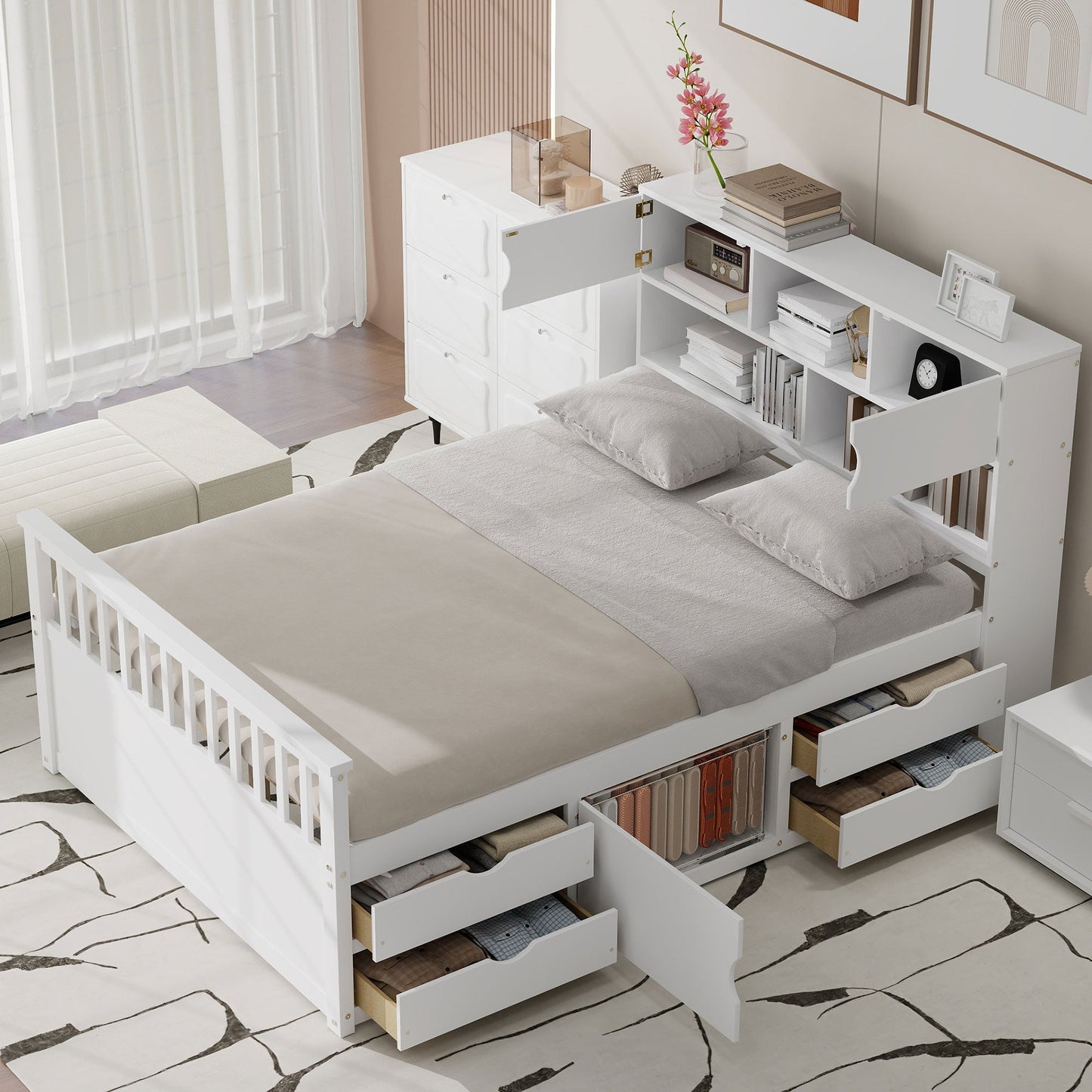 Full Size Captain Platform Bed Frame with Storage Bookcases and Shelves