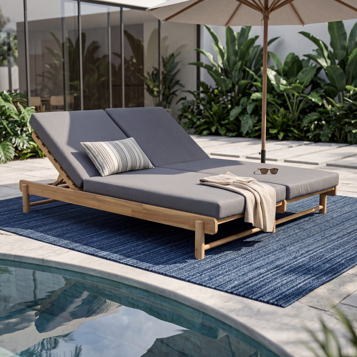 Light Teak Acacia Wood Double Chaise Lounger Set