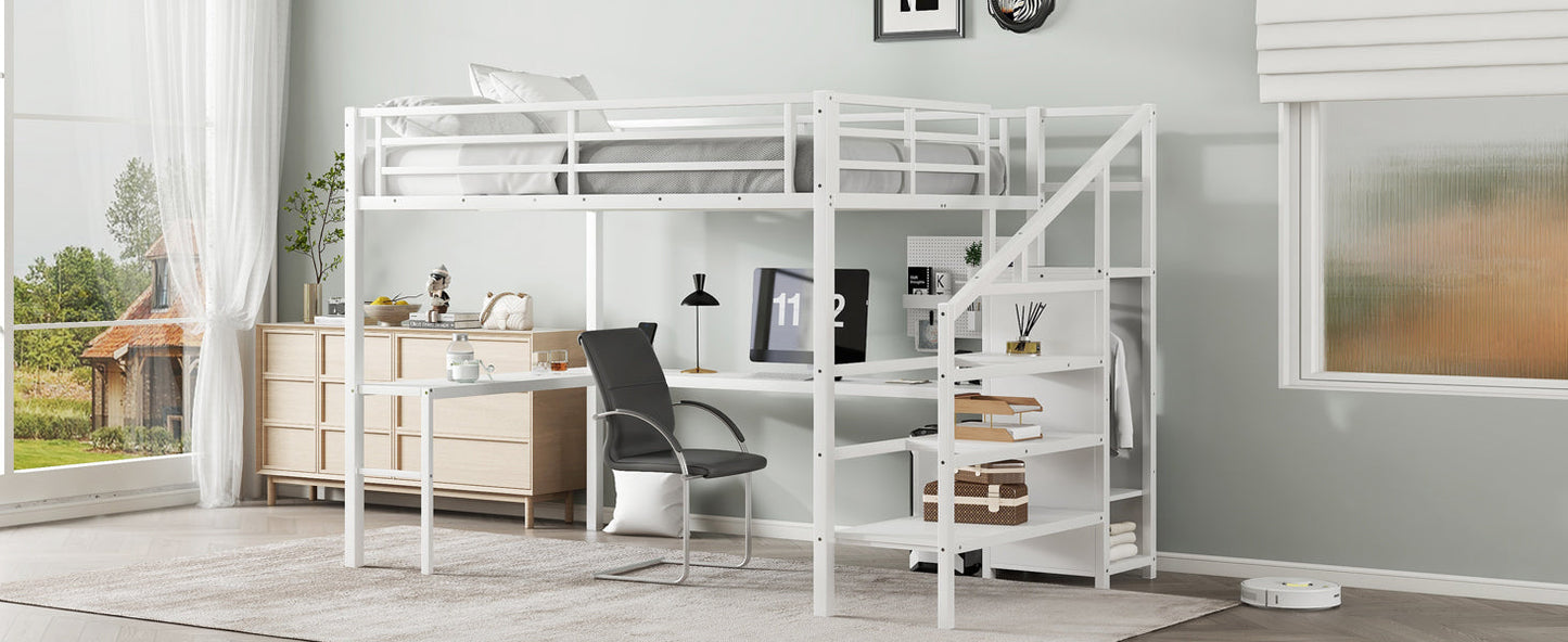 Queen Size Loft Bed with L-shaped Desk and USB, Metal Loft Bed with Wardrobe and Adjustable Shelf, High Loft Bed with LED for Kids Teens Adults, White