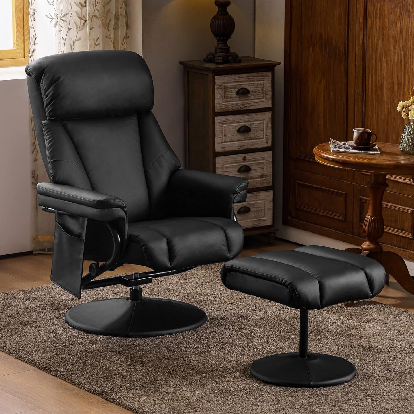 Swivel Recliner With Ottoman Black Faux Leather Massage