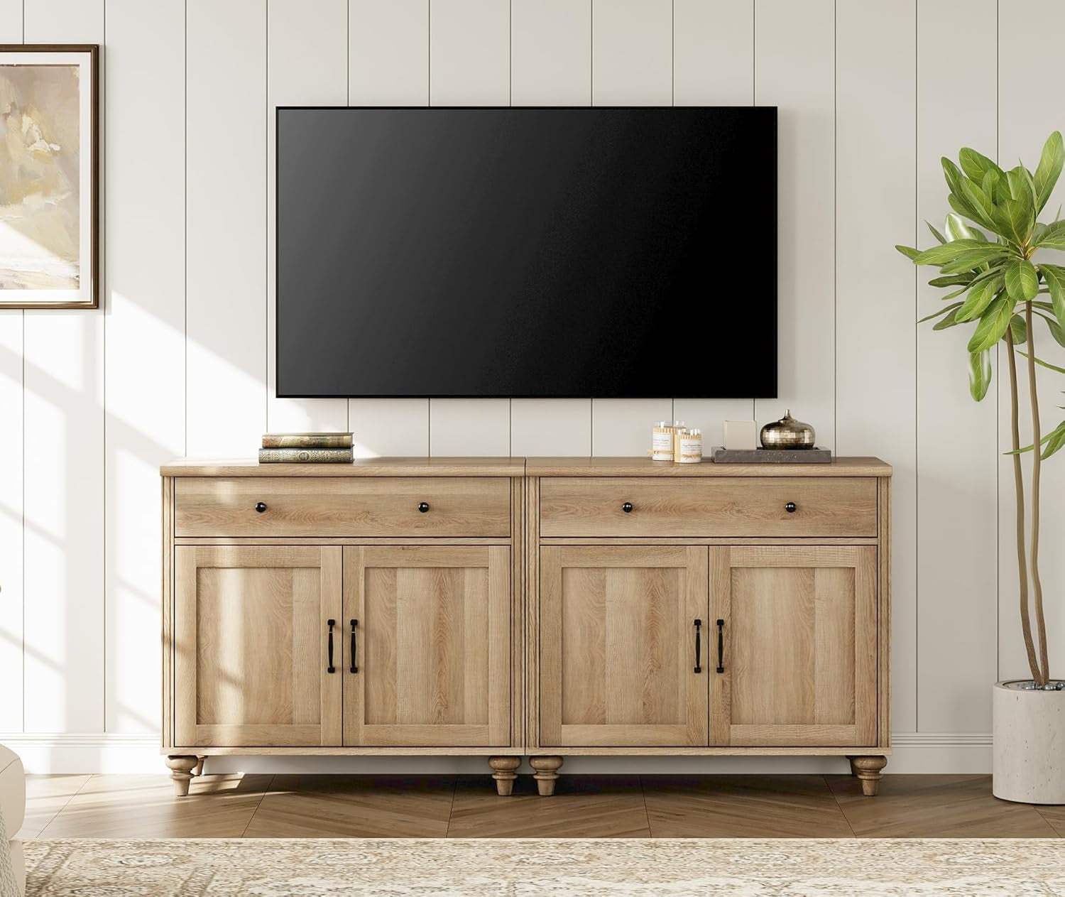 Oak Buffet Cabinet 68 Inch With 4 Doors And 2 Drawers displayed in a modern living room setting.