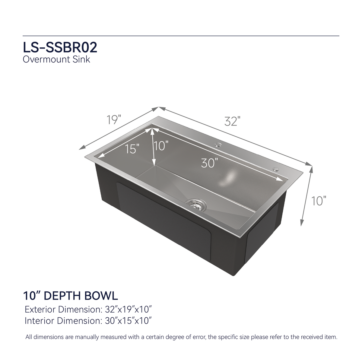 Stainless Steel Kitchen Sink - 32"x19" Single Bowl