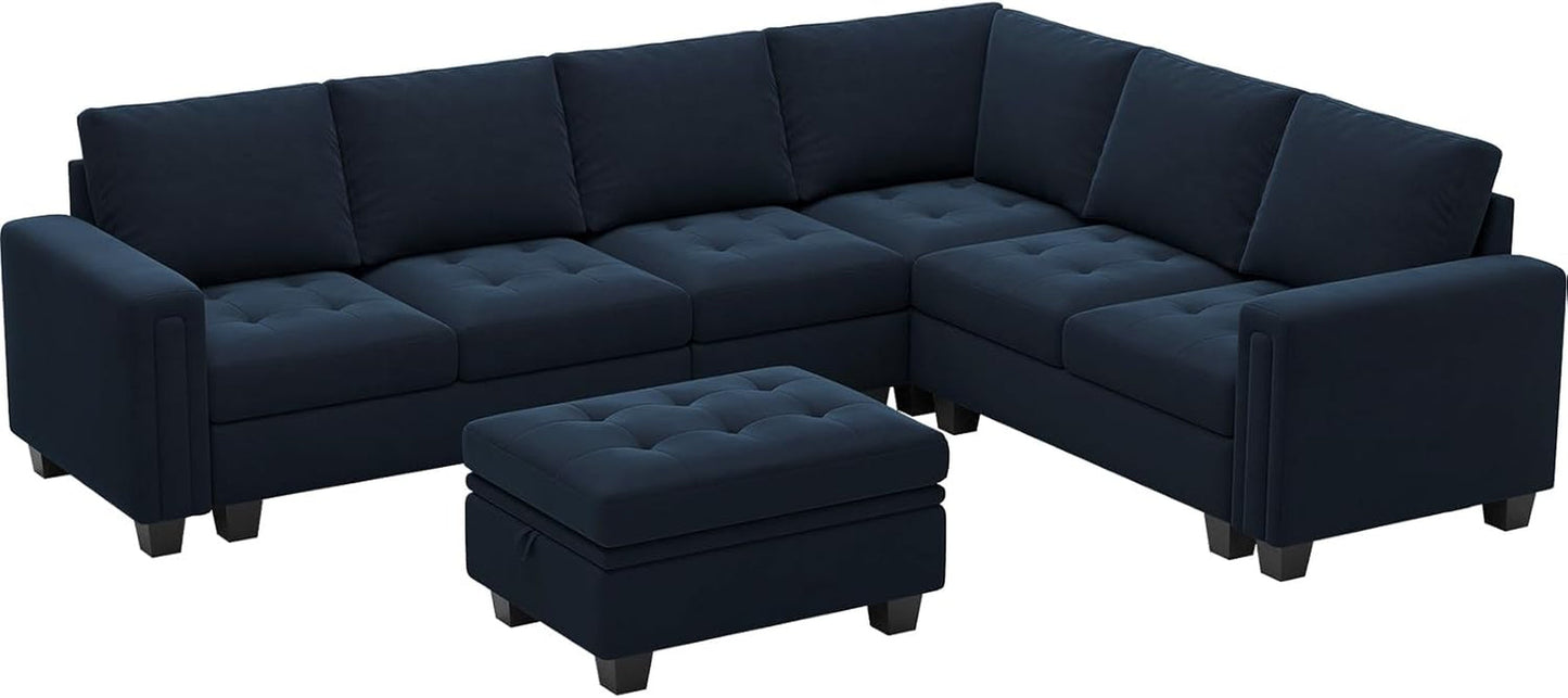 Velvet L Shaped Sofa Reversible Chaise Storage Ottoman Blue