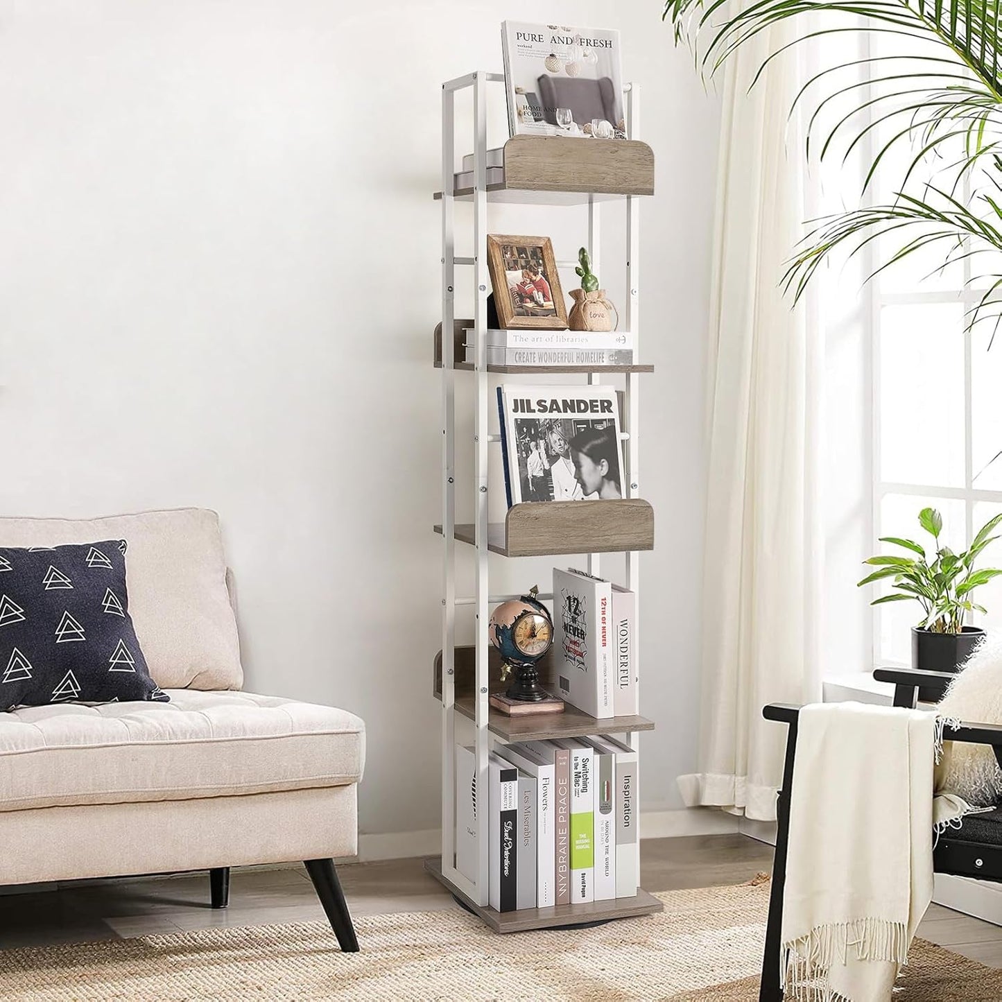 5-Tier Rotating Corner Bookshelf White Wood And Metal Slim