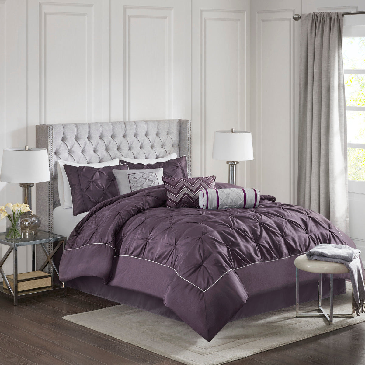 7 Piece Tufted Comforter Set - Plum - King