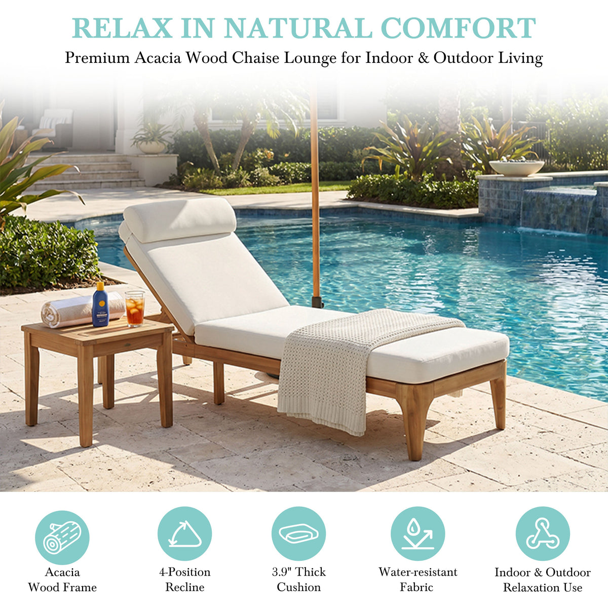 TOPMAX Acacia Wood Chaise Lounge, Outdoor Sun Lounge Chair Set of 2