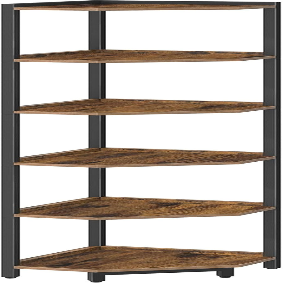 6-Tier Rustic Brown Corner Shelf Stand For Living Room