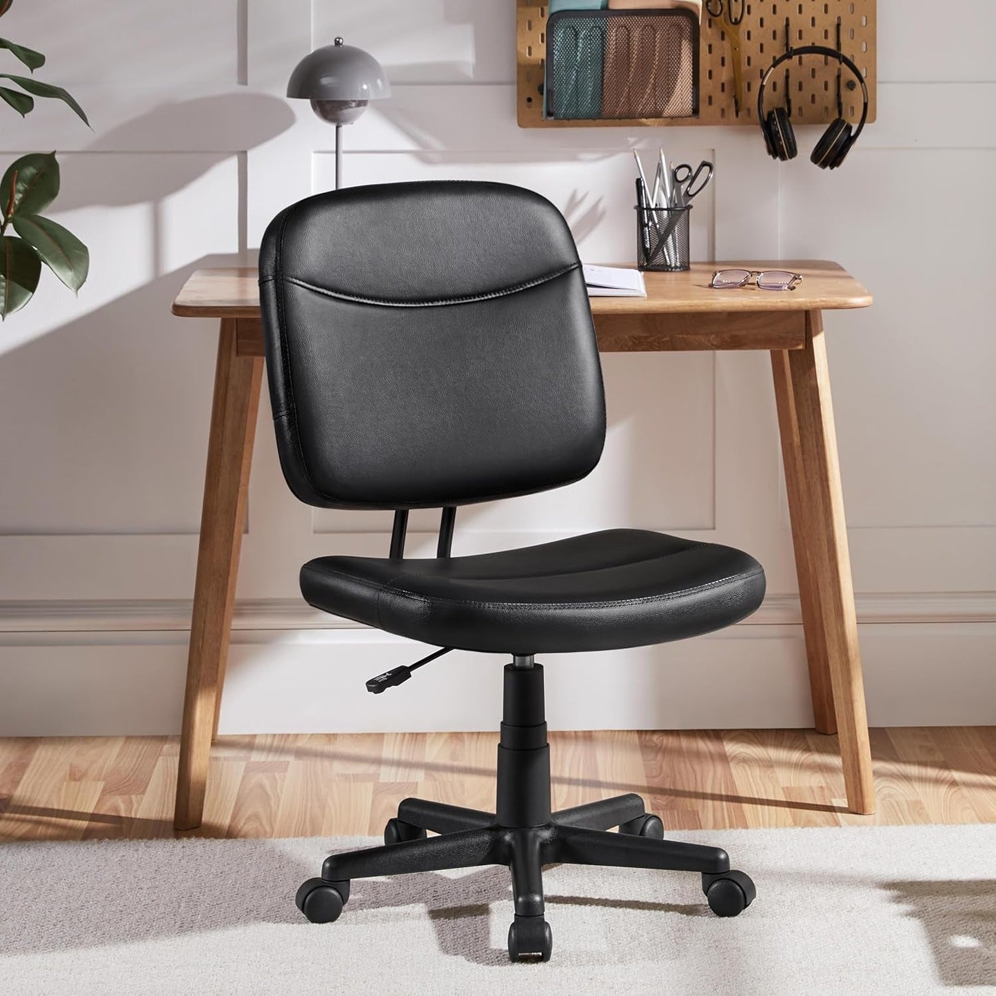 Armless Ergonomic Office Chair Black PU Leather Swivel