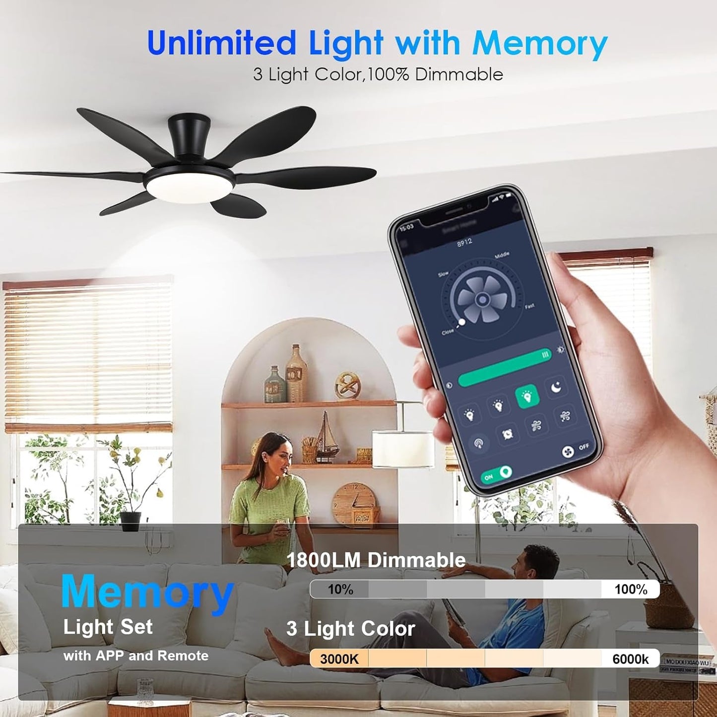 51 Inch Black Ceiling Fan With Light And Remote Control