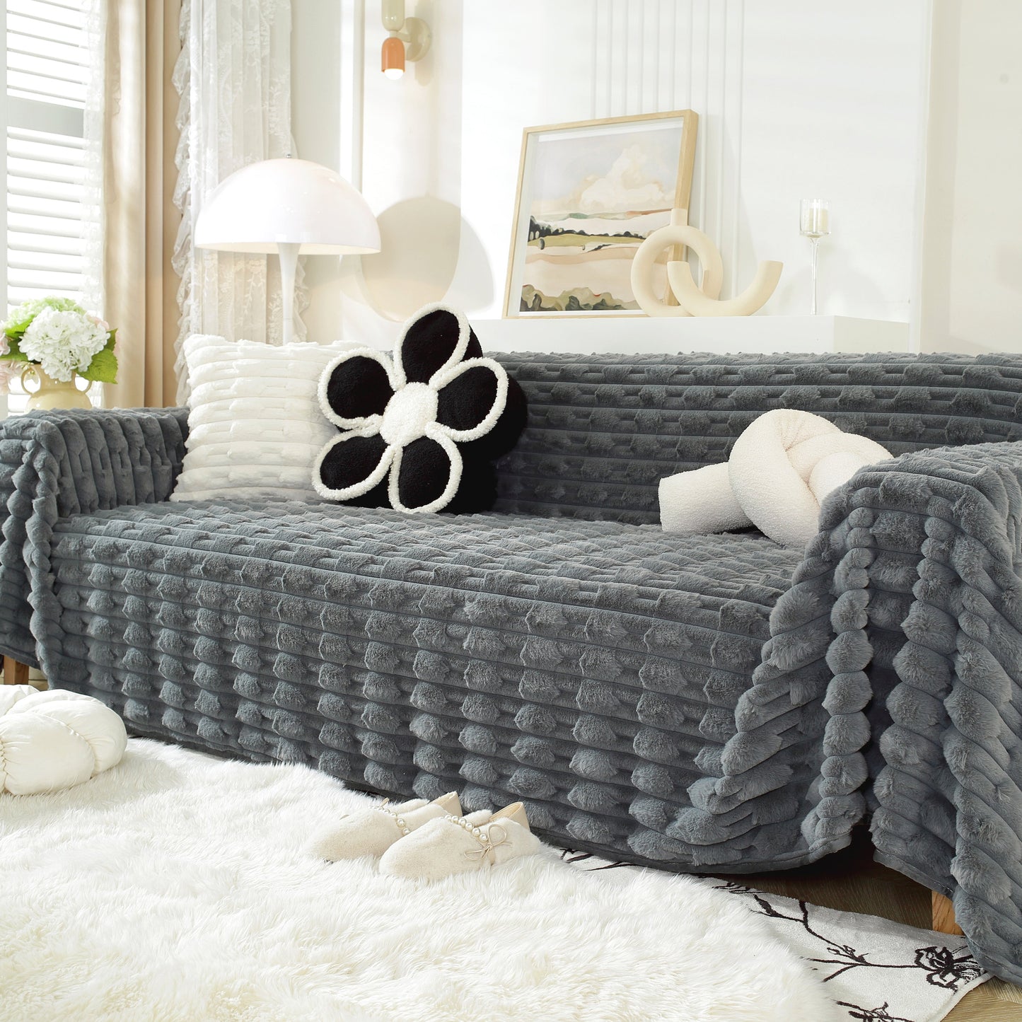 Fluffy Faux Fur Couch Cover Plush Sofa Throw, Warm & Stylish Sofa Protector