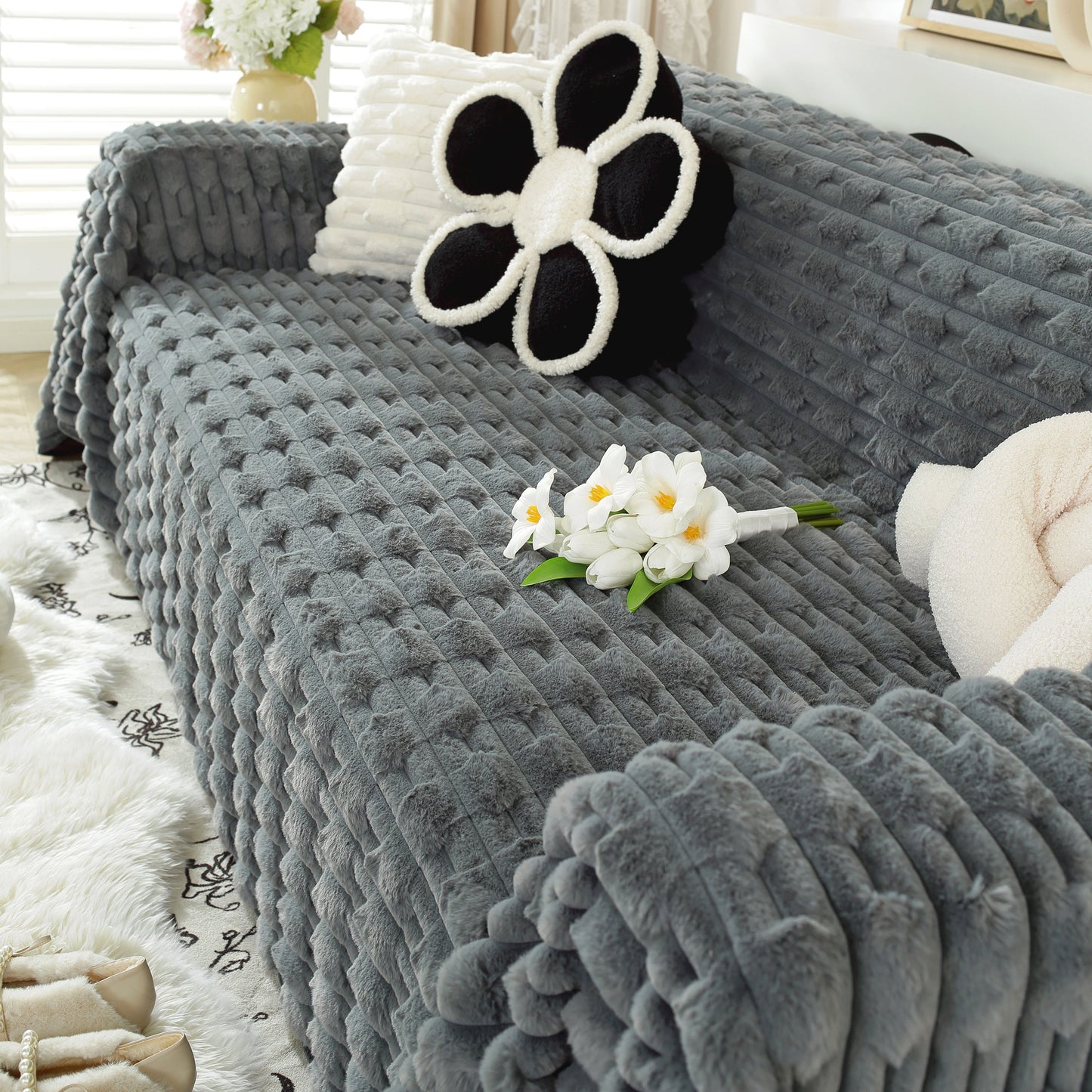 Fluffy Faux Fur Couch Cover Plush Sofa Throw, Warm & Stylish Sofa Protector