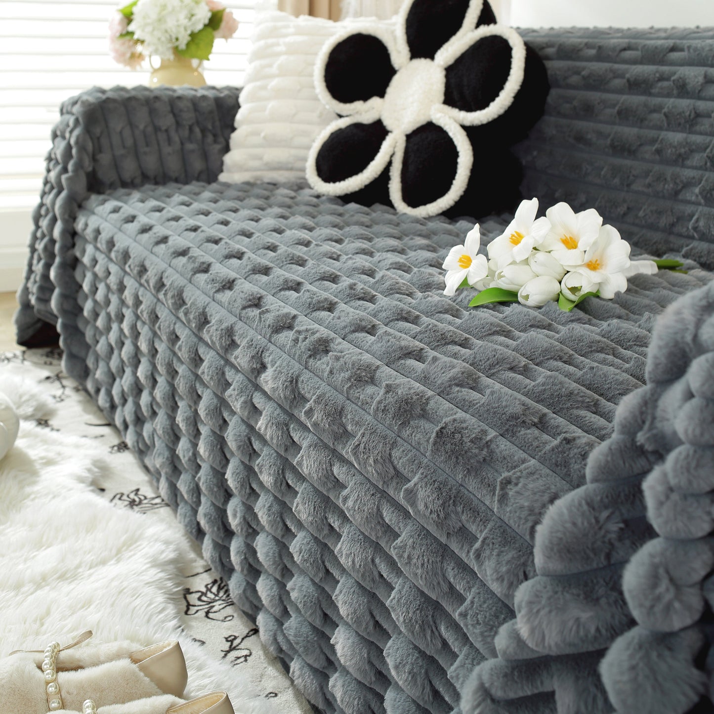 Fluffy Faux Fur Couch Cover Plush Sofa Throw, Warm & Stylish Sofa Protector