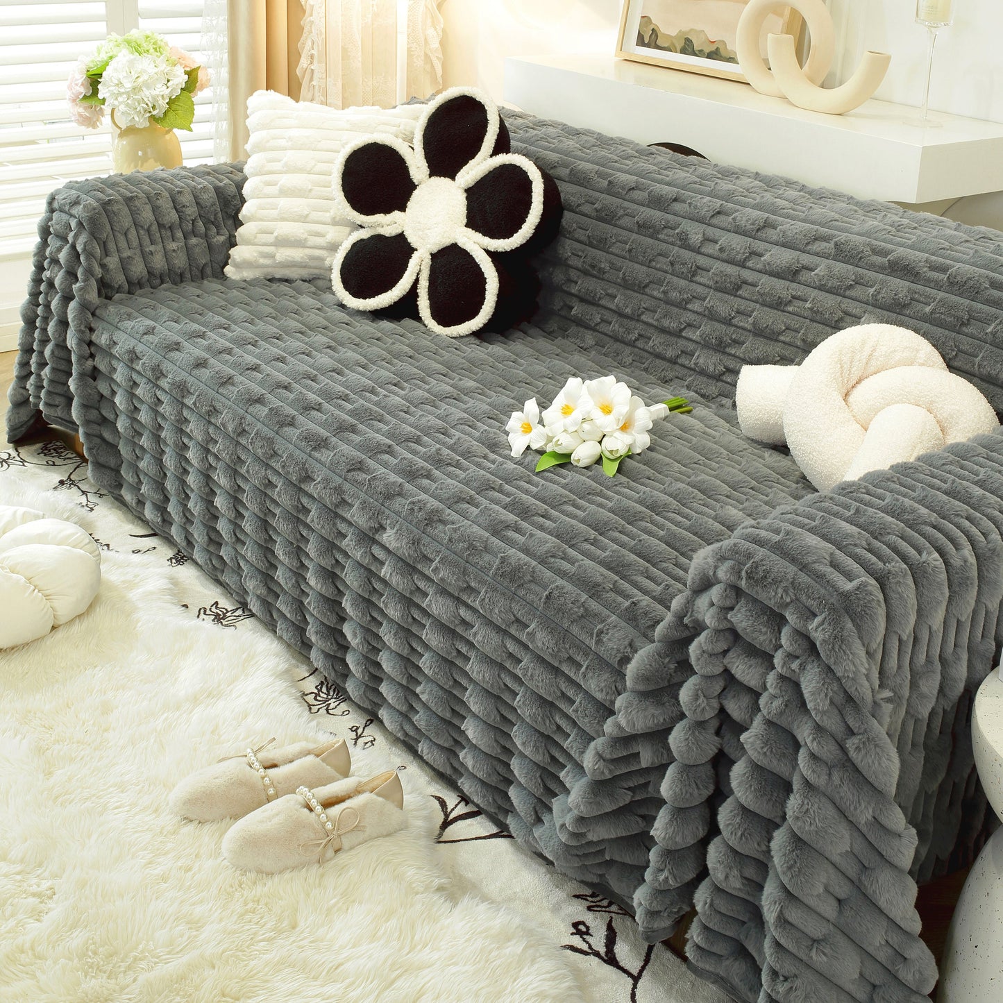 Fluffy Faux Fur Couch Cover Plush Sofa Throw, Warm & Stylish Sofa Protector