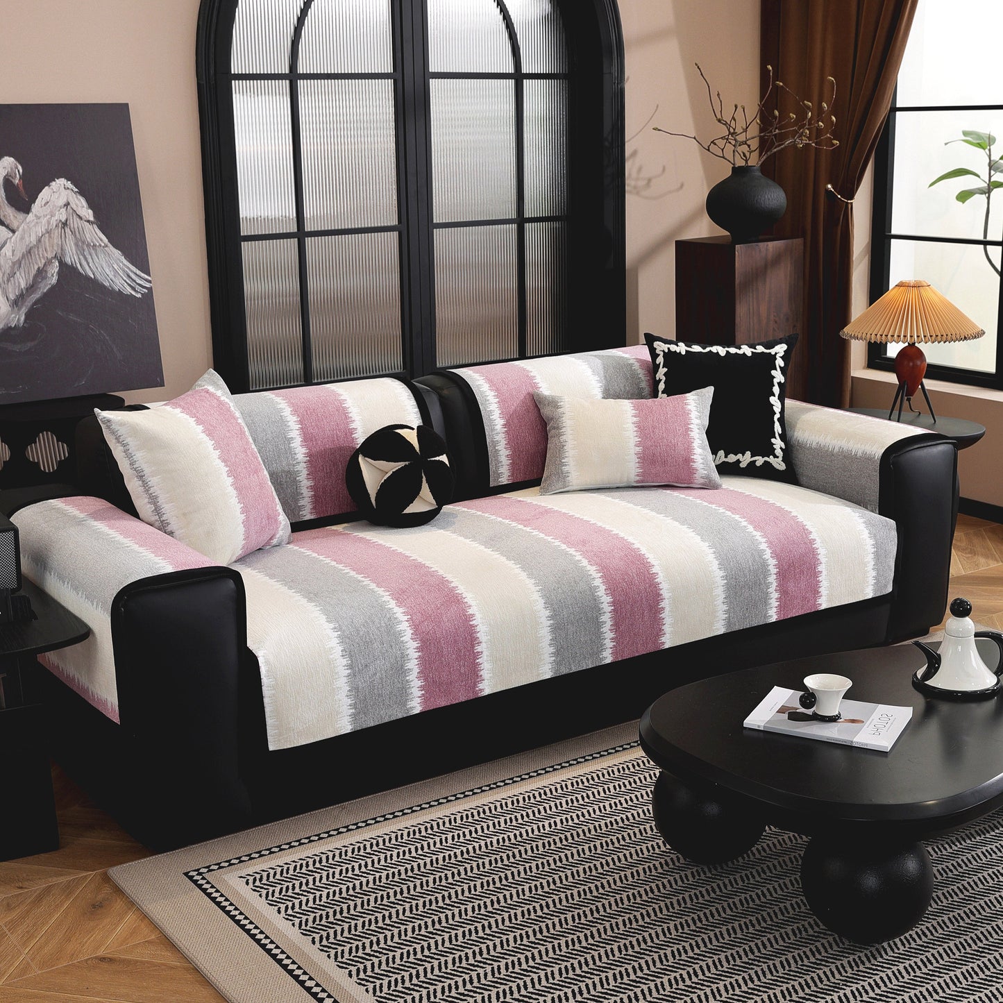 Striped Colorblock Non-Slip Sectional Couch Covers, Chenille Sofa Protector Cover
