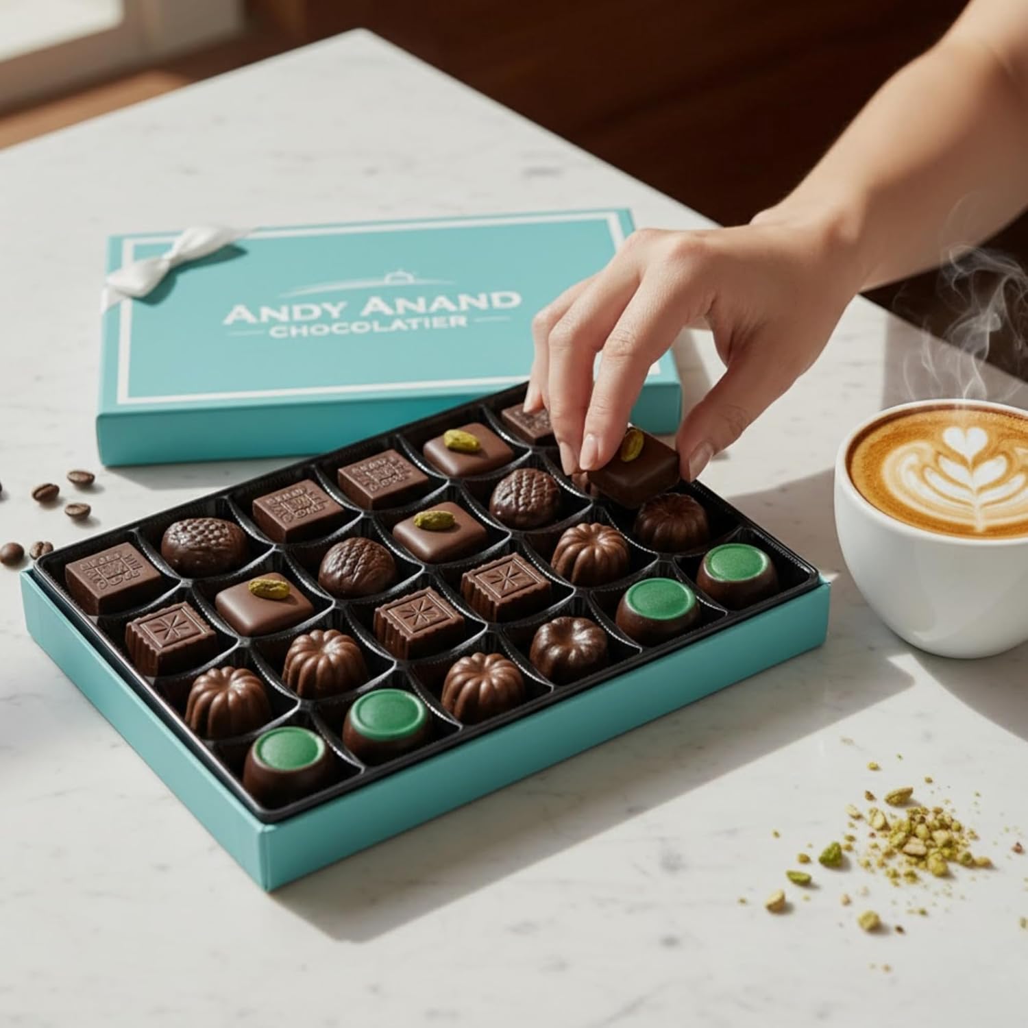 Box of chocolates with a hand picking one, next to a steaming cup of coffee and 'Andy Anand Chocolatier' packaging.