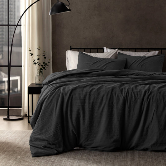 Stone Washed Duvet Cover Set - Black