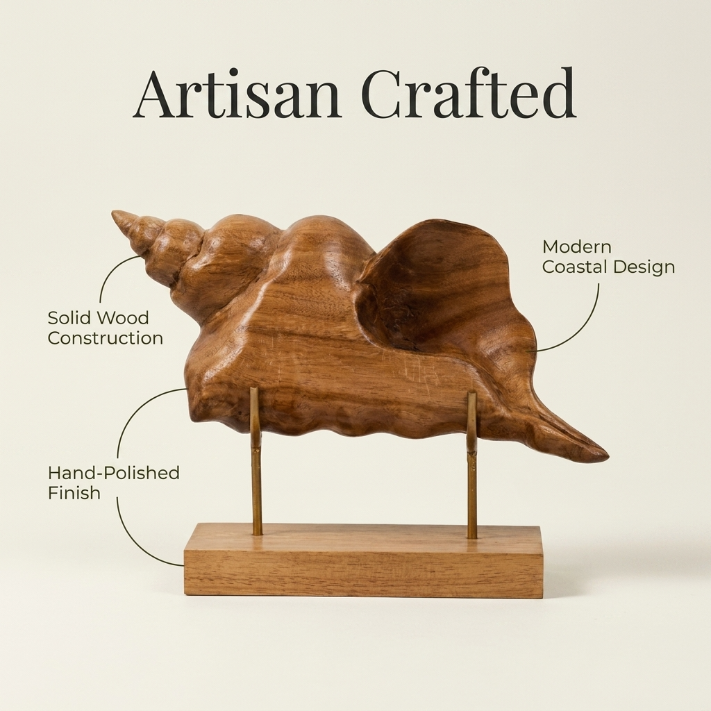 Wooden Shell Sculpture – Handmade Solid Acacia Wood Decor | Unique Coastal Gift