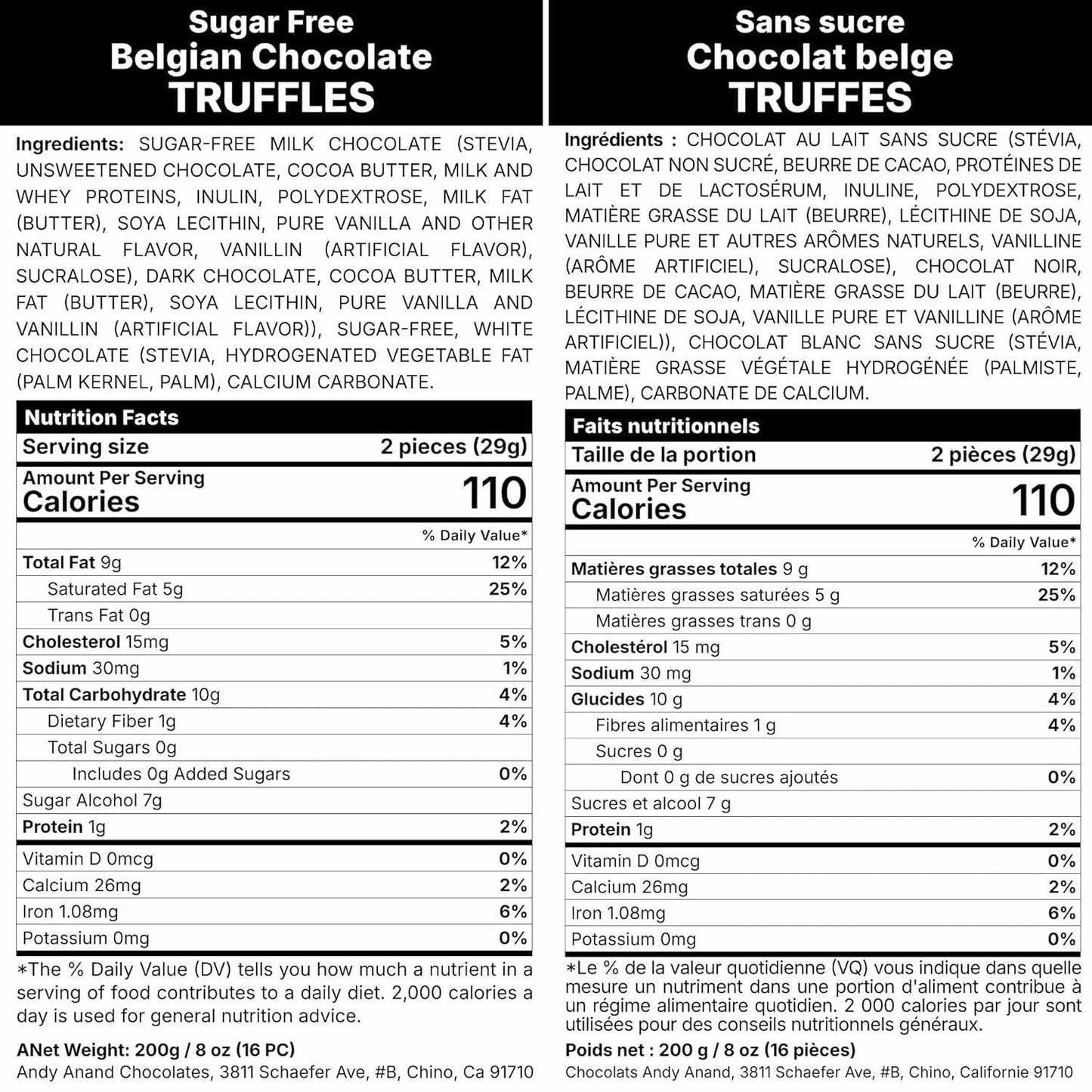 Nutrition facts label for sugar-free Belgian chocolate truffles with English and French text.