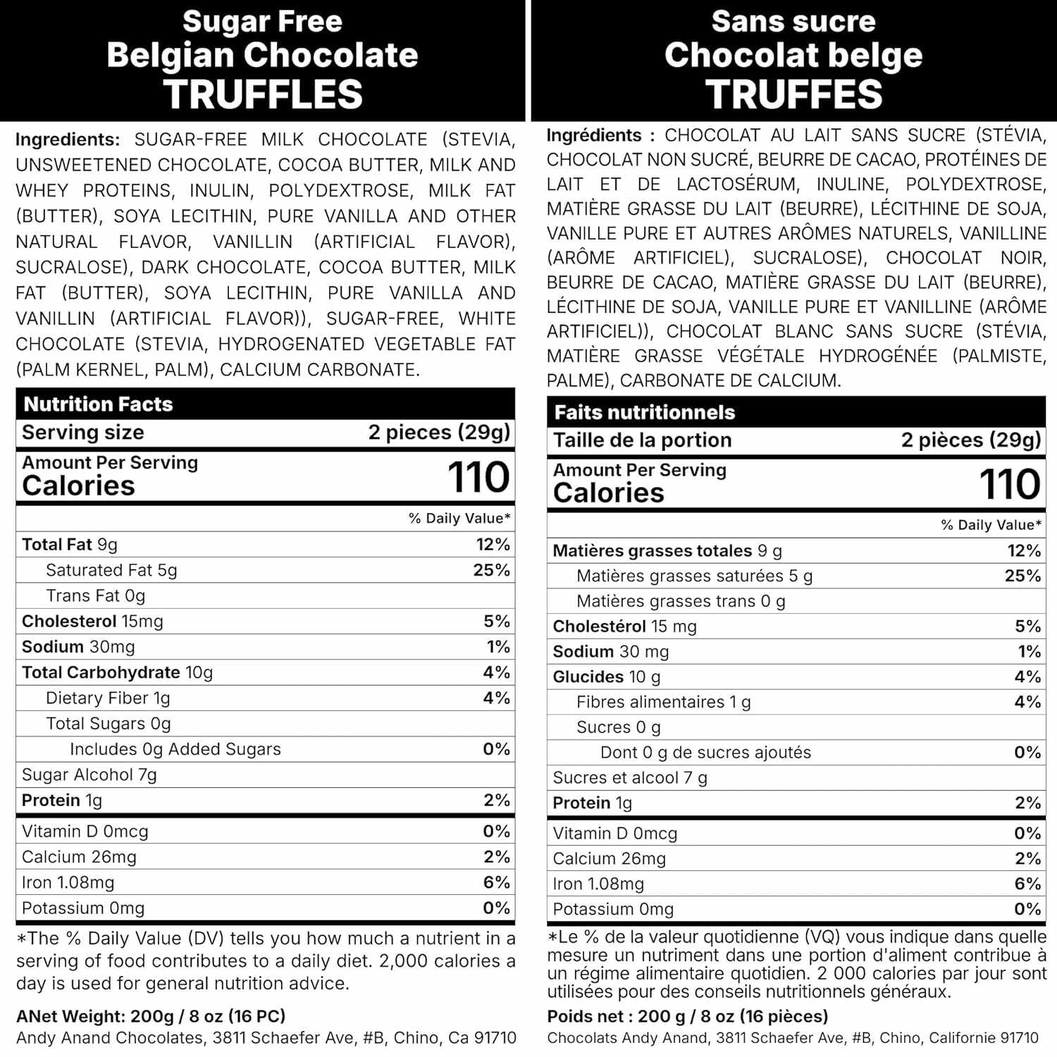 Nutrition facts label for sugar-free Belgian chocolate truffles with English and French text.
