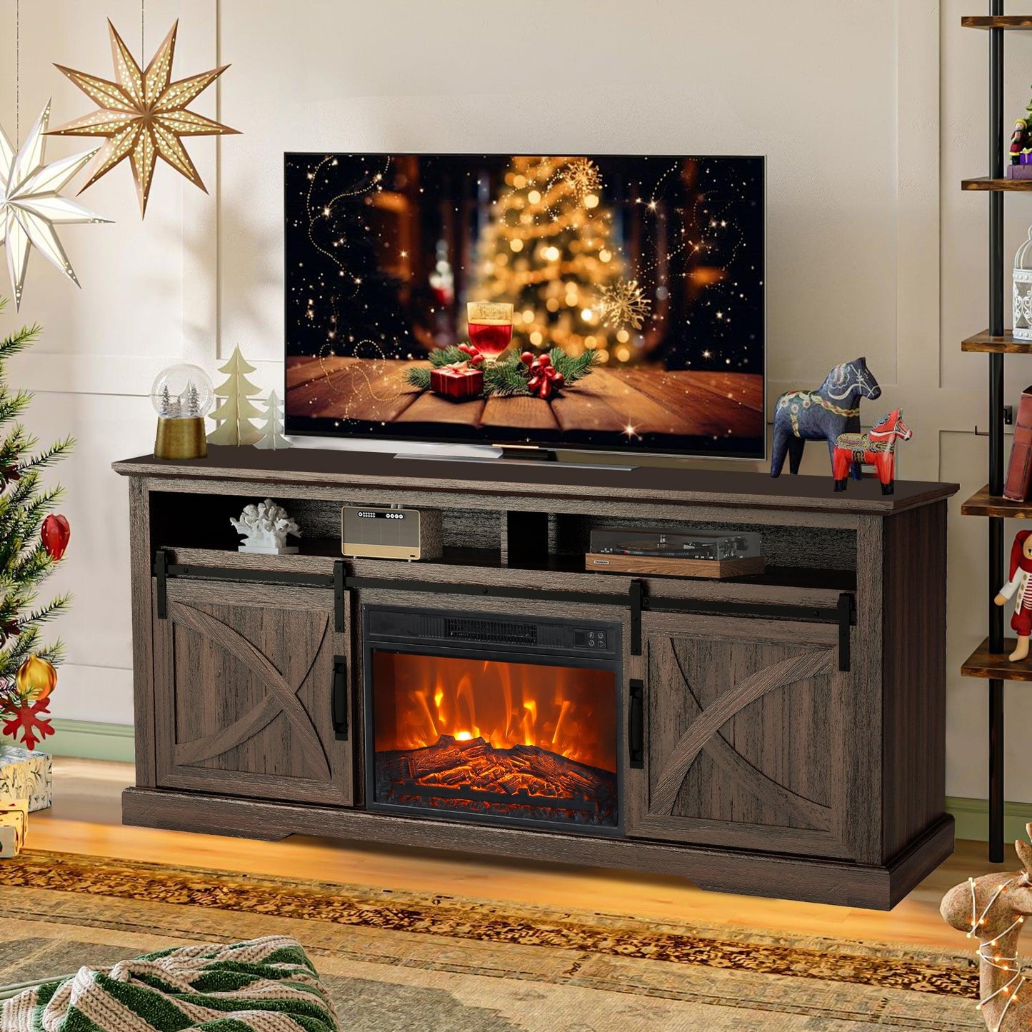 68" Farmhouse TV Stand with 23" Insert Opening Electric Fireplace