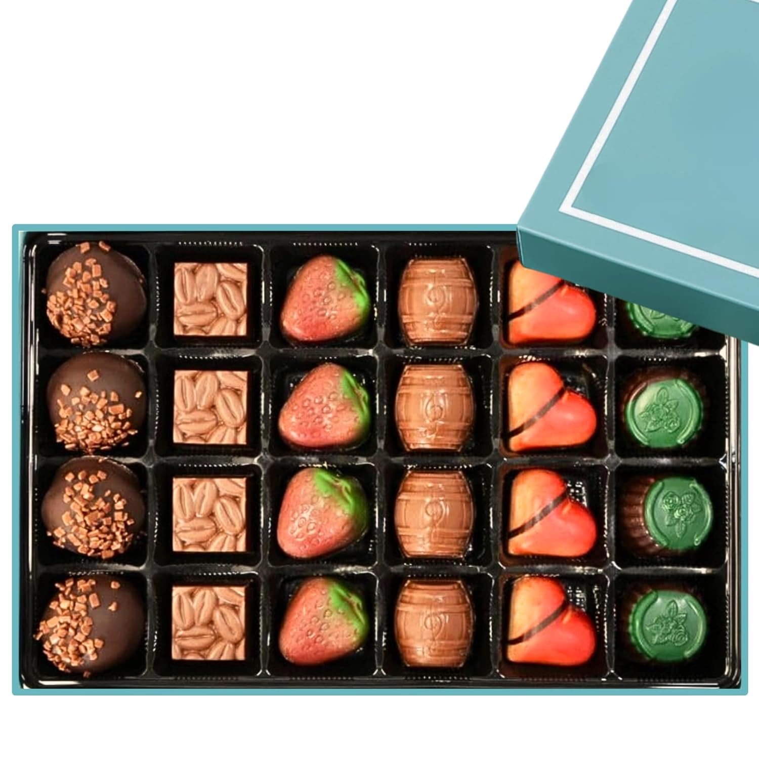 Assorted chocolate-covered strawberries in a gift box with a teal lid.