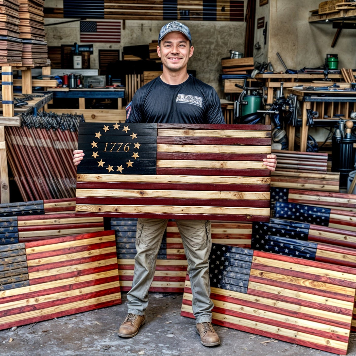 Man holding a wooden American flag with '1776' in a workshop.