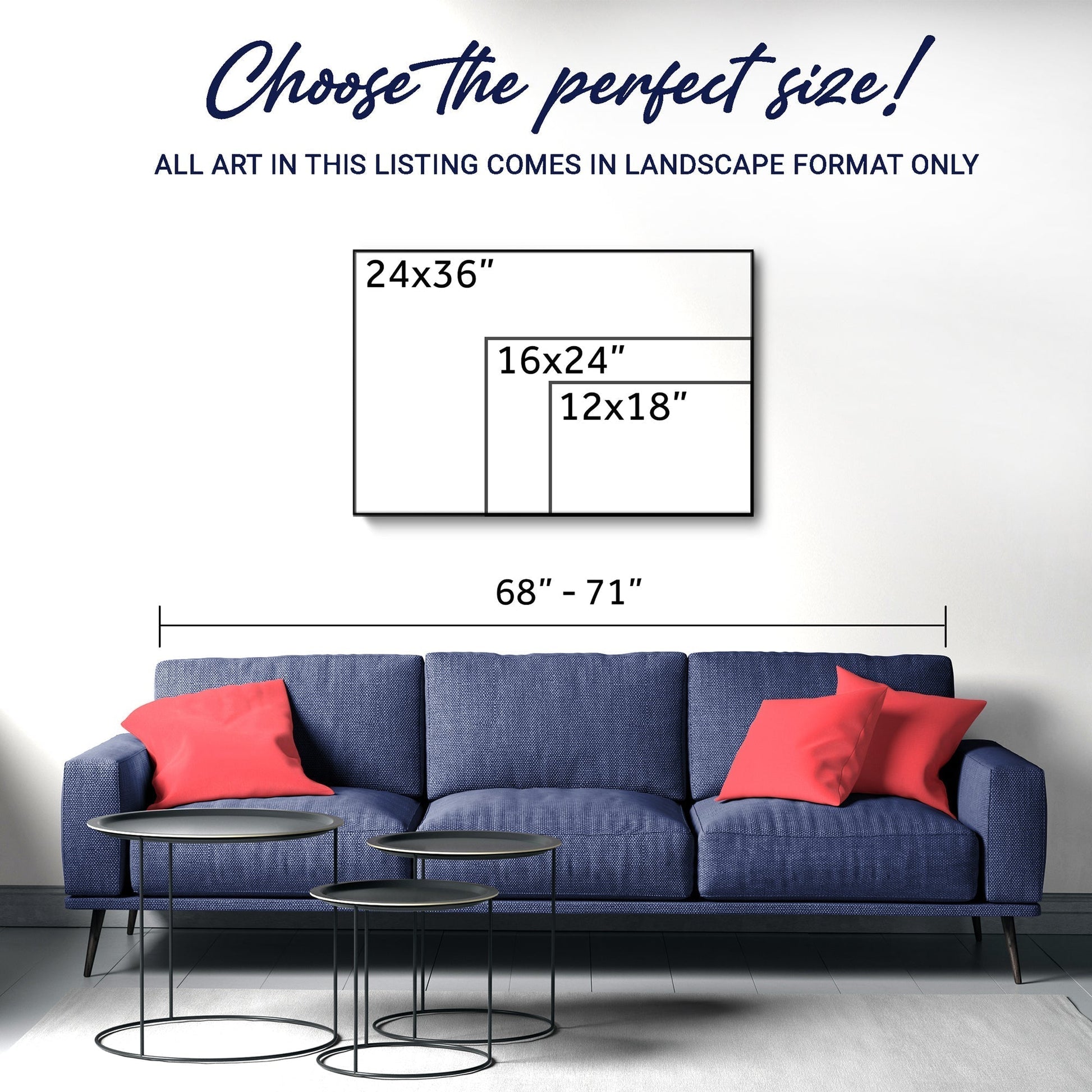 Blue sofa with red pillows and three small tables in a room setting, with size chart overlay.