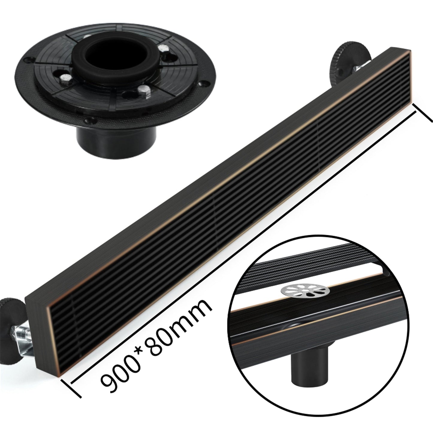 Oil Rubber Bronze Linear shower drain stainless steel material 24 inch with tile insert 2-in-1 cover with hair strainer and adjustment feet