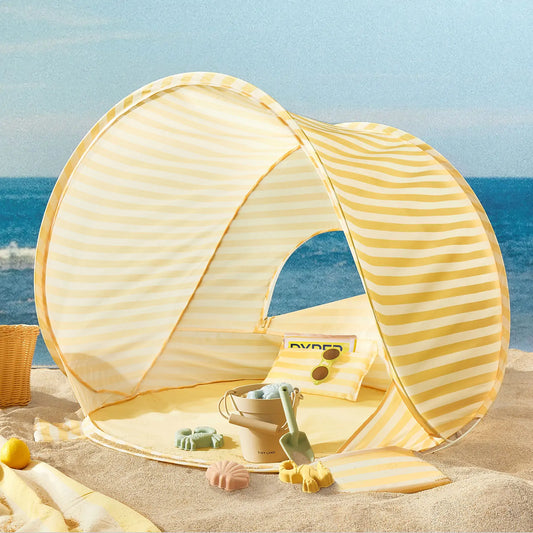 Tiny Land® One-Stop Beach Toy & Tent Set – Pastel Yellow Stripes